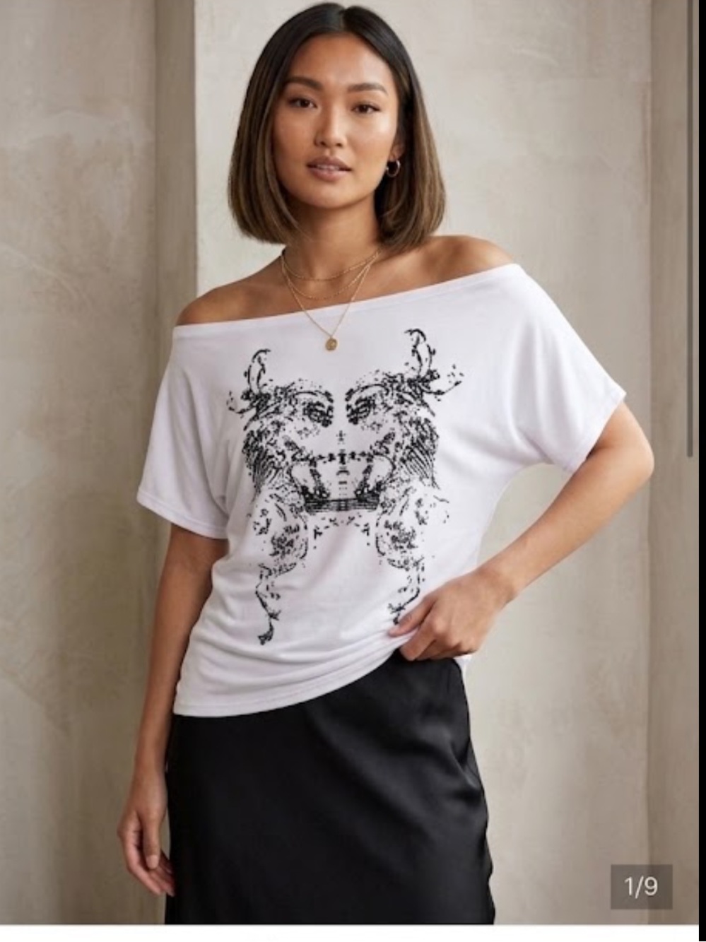 Off Shoulder, abstract print, Ink Blot / Rorschach print White/Black Top
